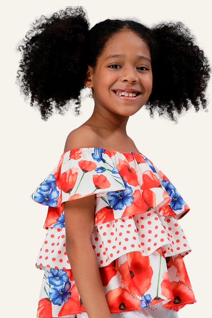 Girls Floral Printed Off Shoulder Top
