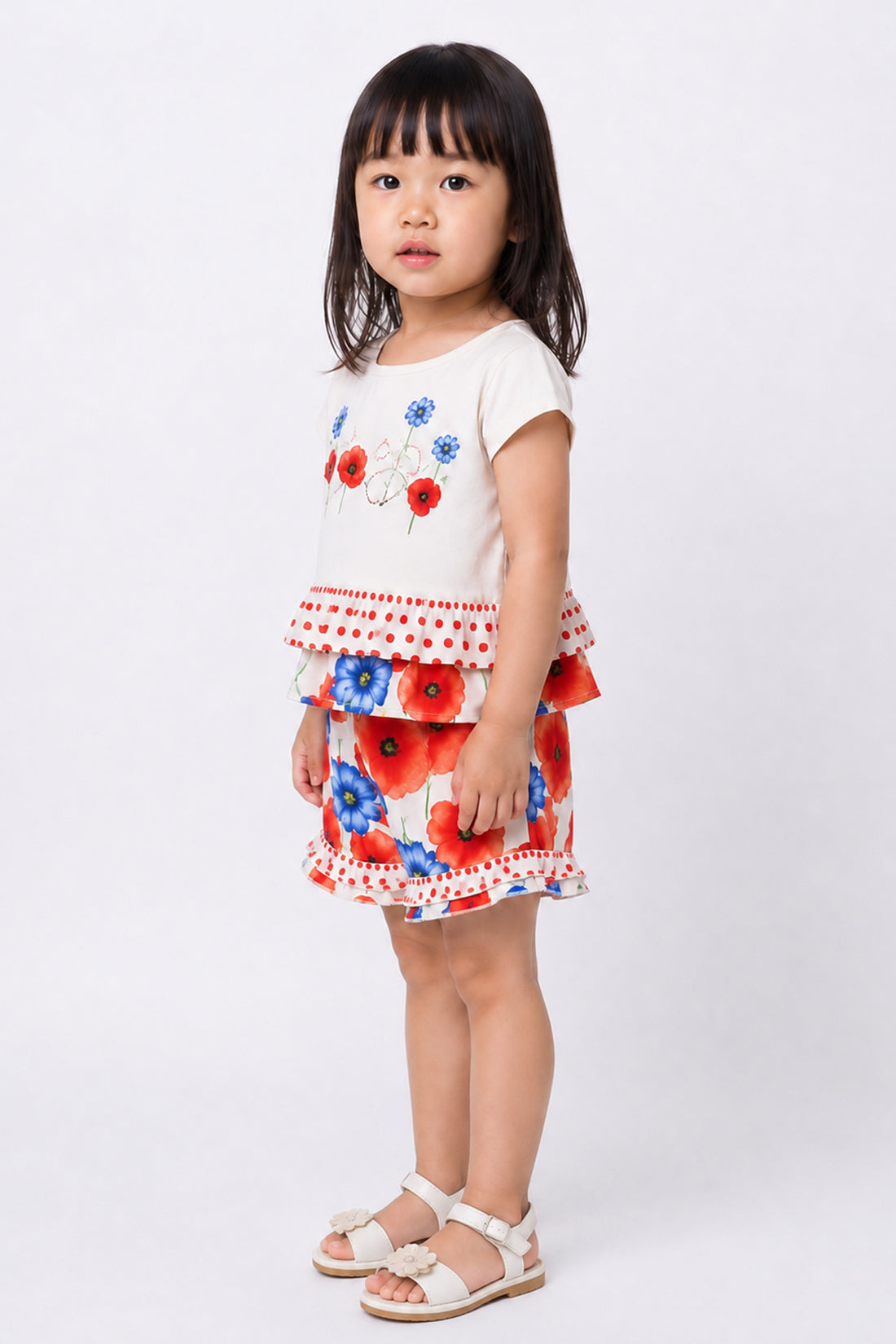 Baby Girls Off White Floral Peplum Top With Shorts Set