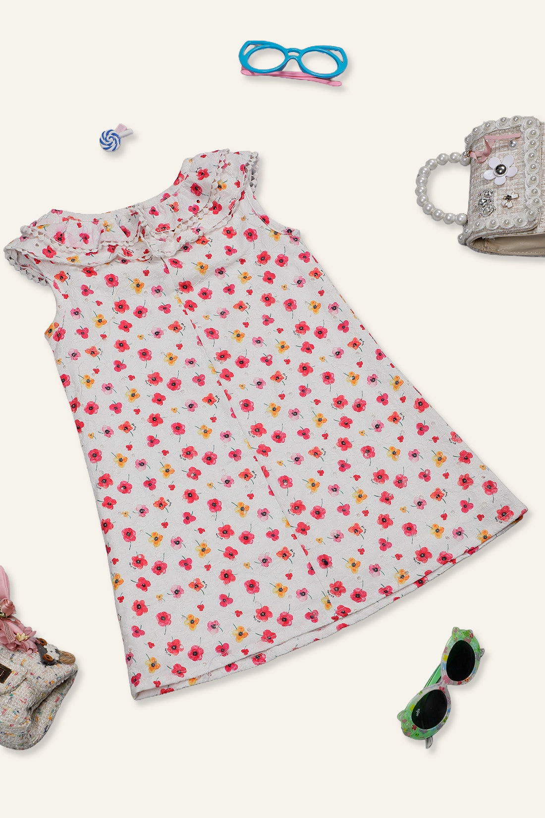 Baby Girls Off White Floral Printed Dress