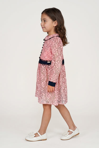 Girls Peach Lace Mesh Full Sleeve Dress