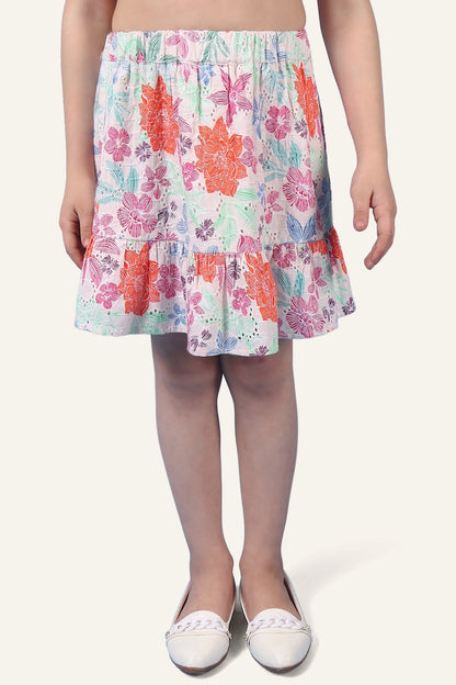 Girls Beige Printed Tiered Skirt With Elasticated Waistband