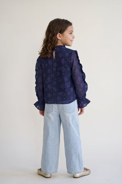 Girls Navy Blue Printed Chiffon Button-Front Top