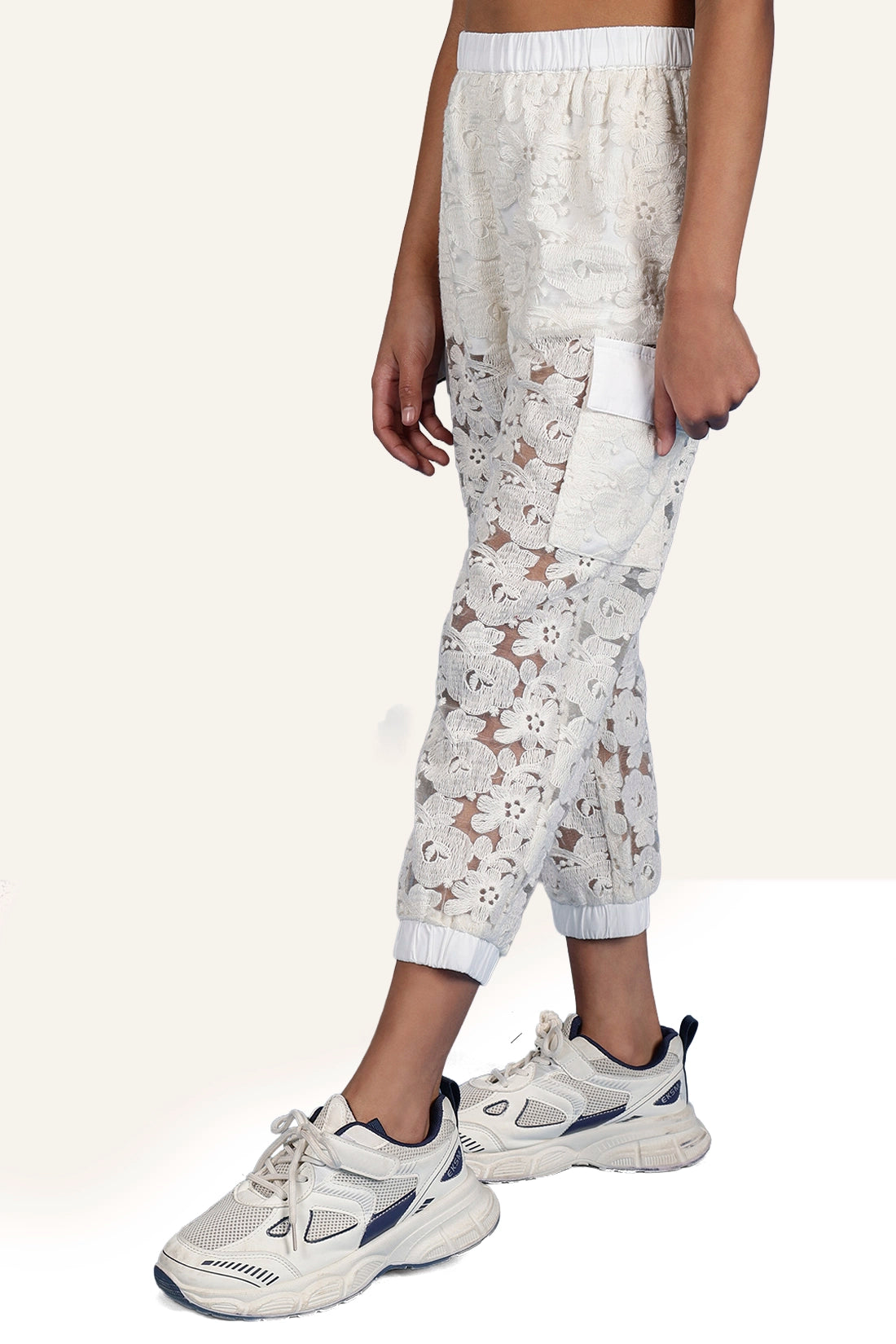 Girls Off White Cotton Laced Jogger