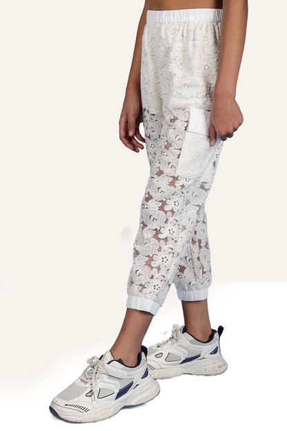Girls Off White Cotton Laced Jogger