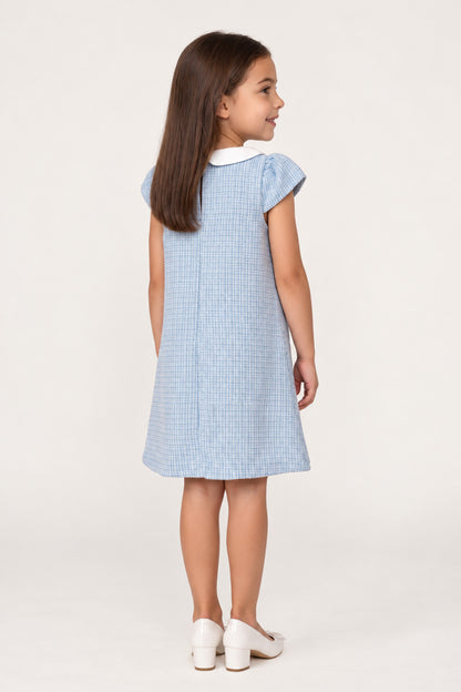 Girls Blue Boucle Shirt Collar Half Sleeve Dress