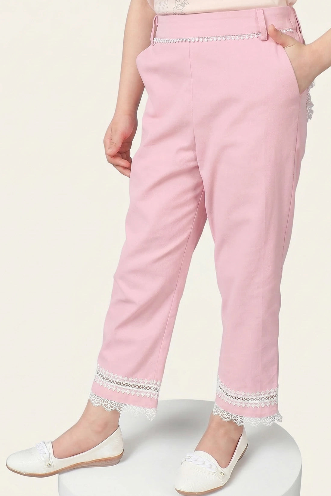 Girls Pink Cotton Laced Trouser