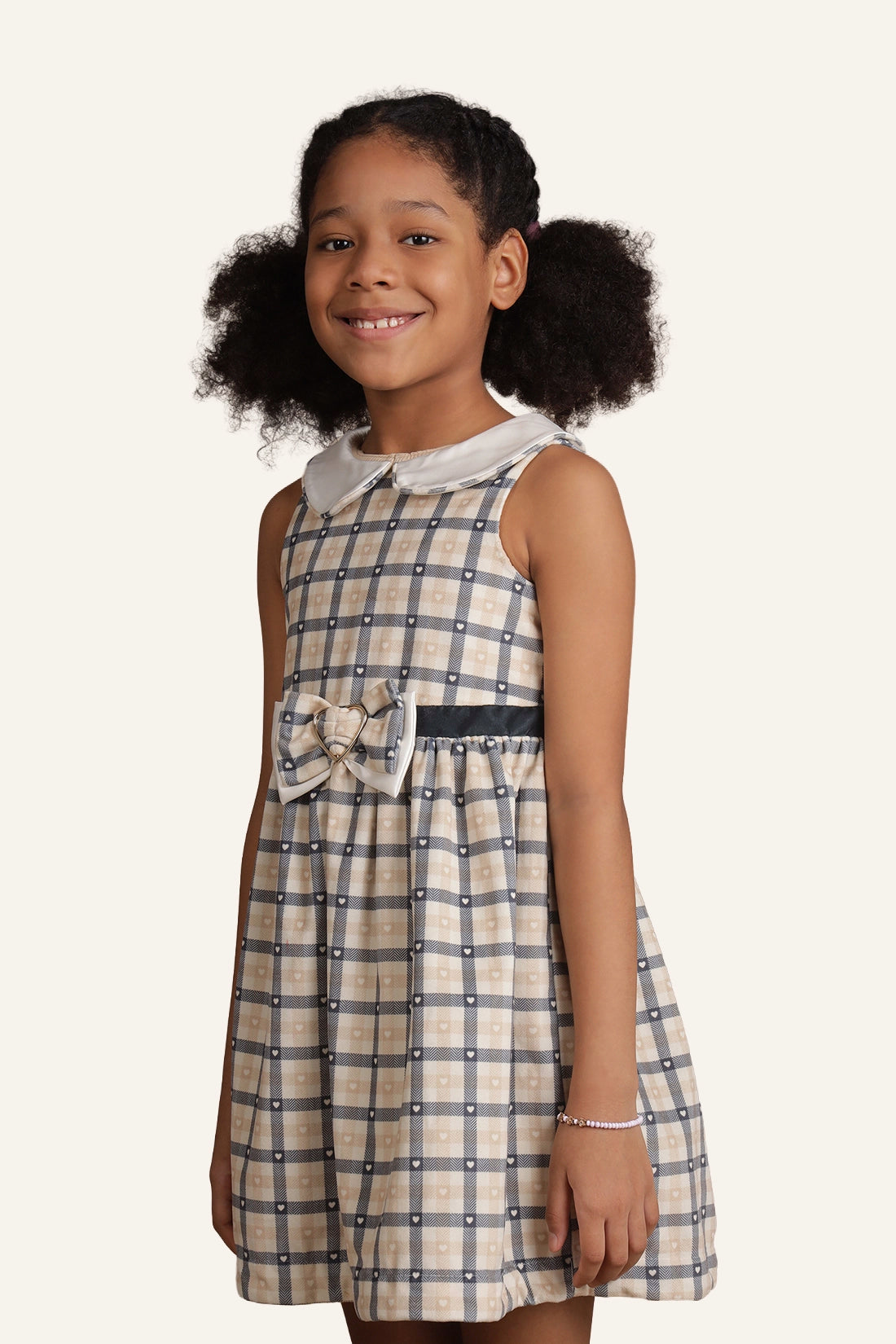 Girls Beige Checks Dress