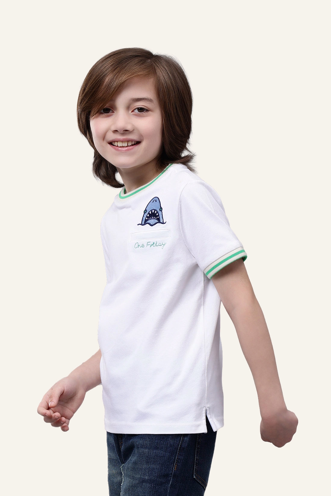Boys 100% Cotton White Round Neck Embroidered T-shirt