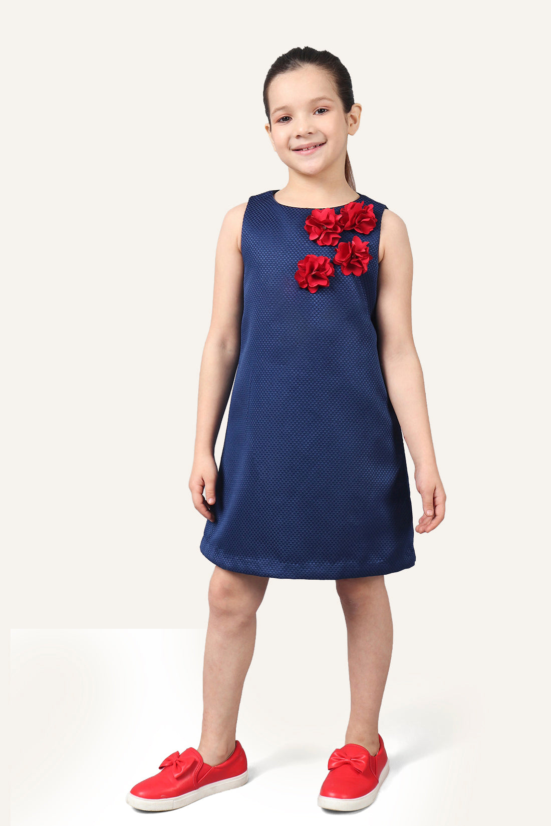 Girls Navy Blue Dress With Flowers Applique