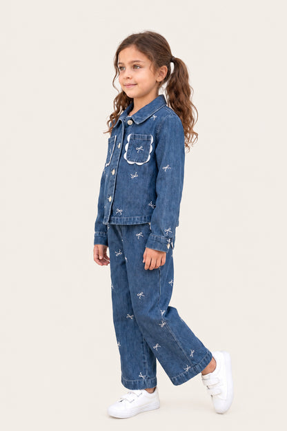 Girls Blue Embroidered Denim Straight Fit Jeans