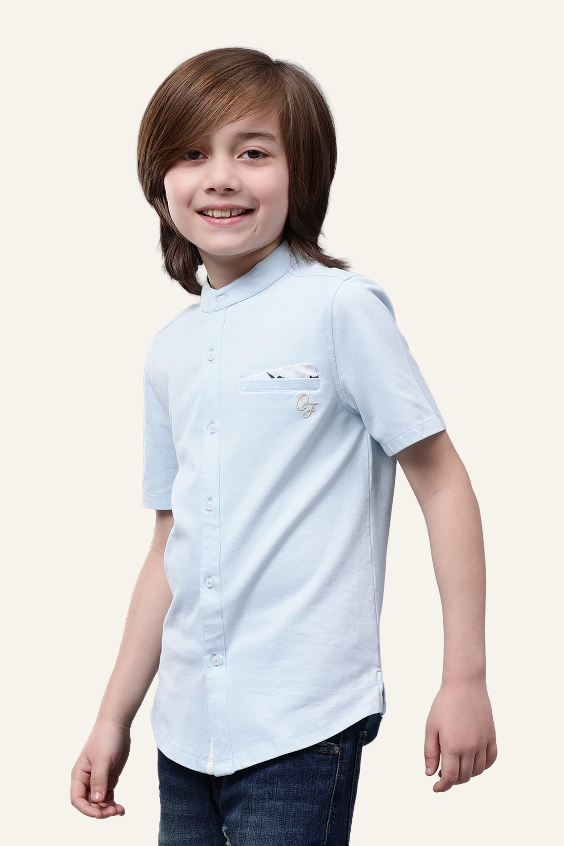 Boys Blue Chinese Collar Cotton Shirt