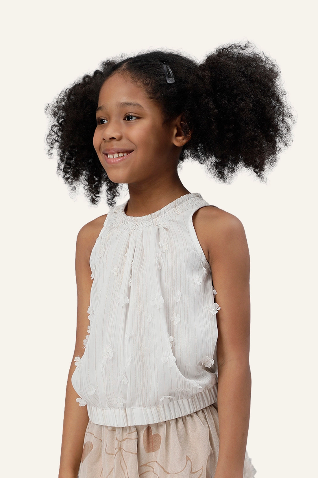 Girls Off White Round Neck Top