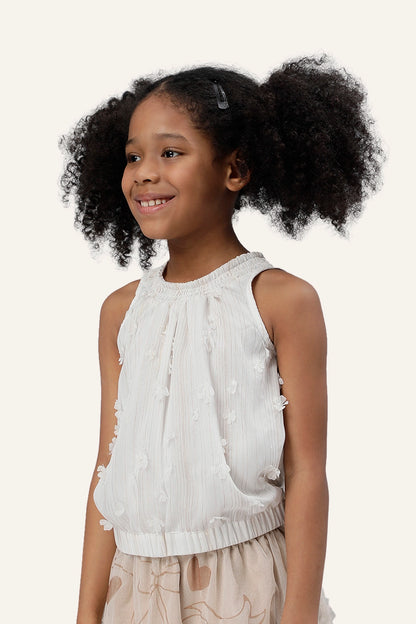 Girls Off White Round Neck Top