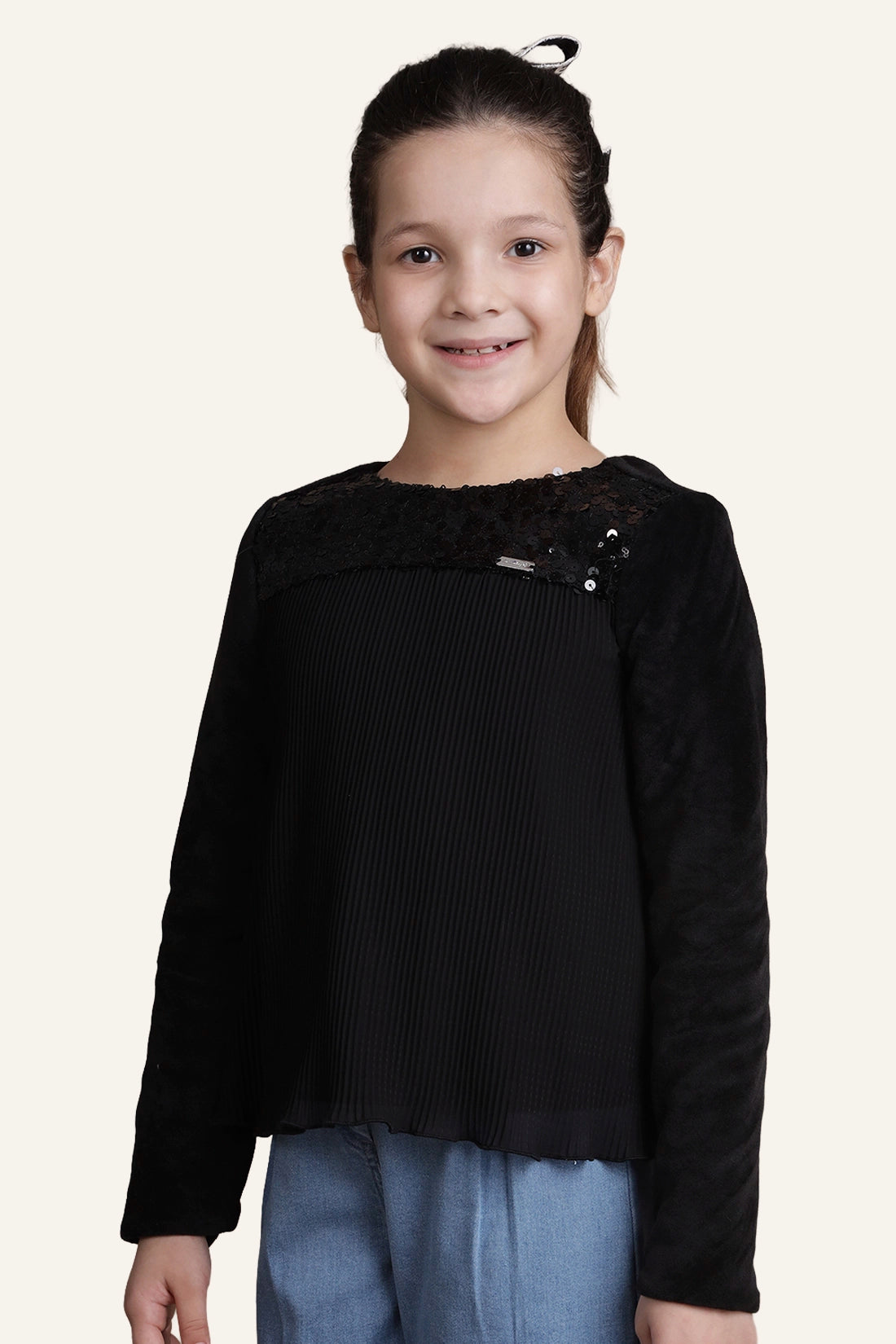 Girls Jet Black Pleated Top