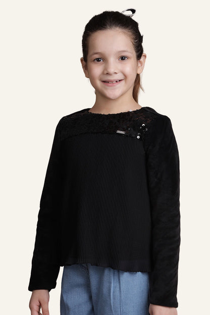 Girls Jet Black Pleated Top