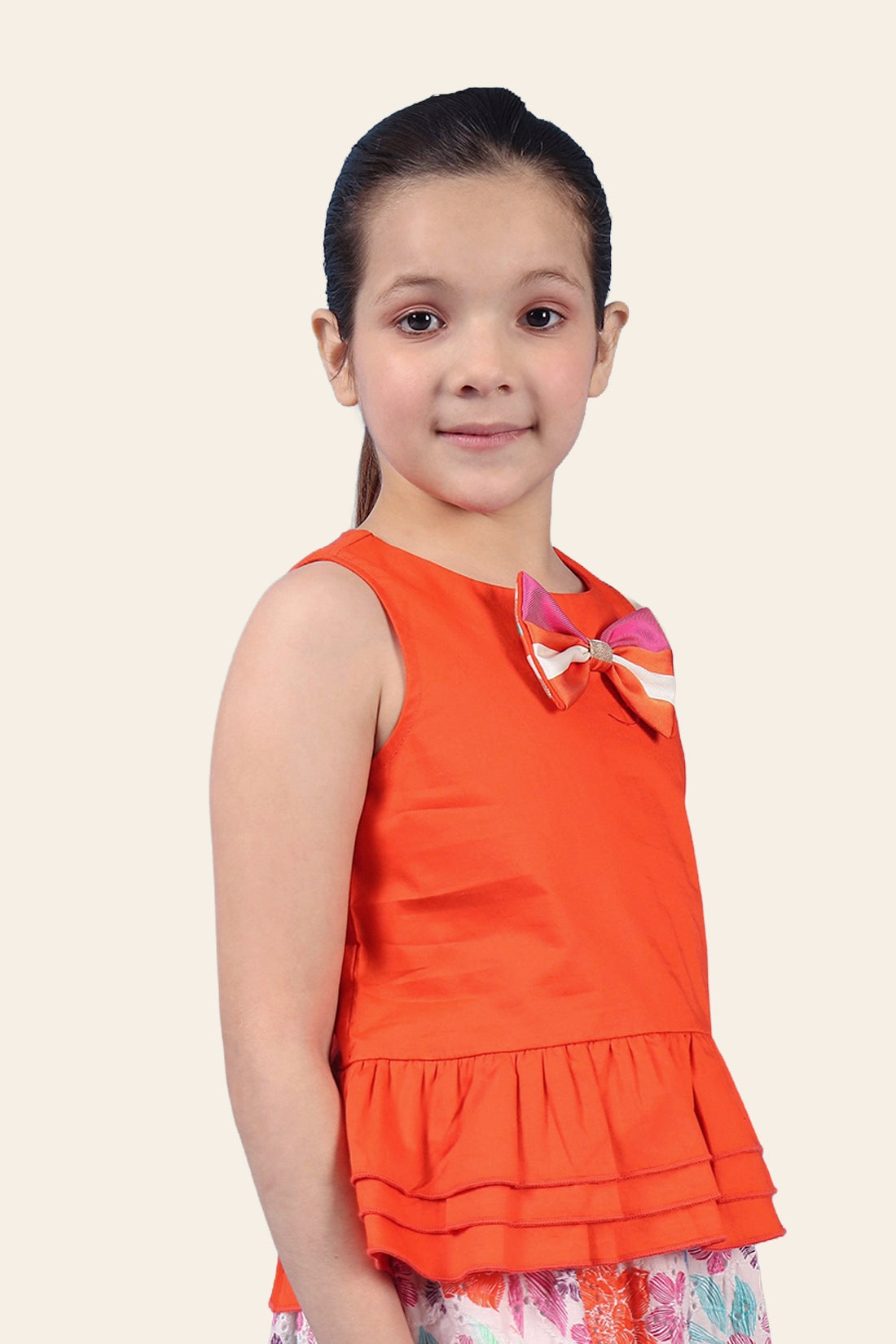 Girls Orange 100% Cotton Round Neck Peplum Top