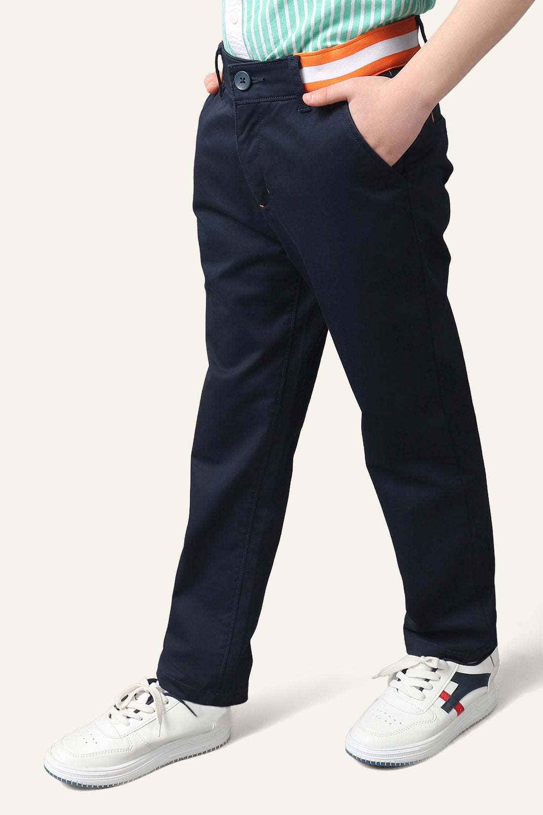 Boys Navy Blue Striped Waistline Trouser