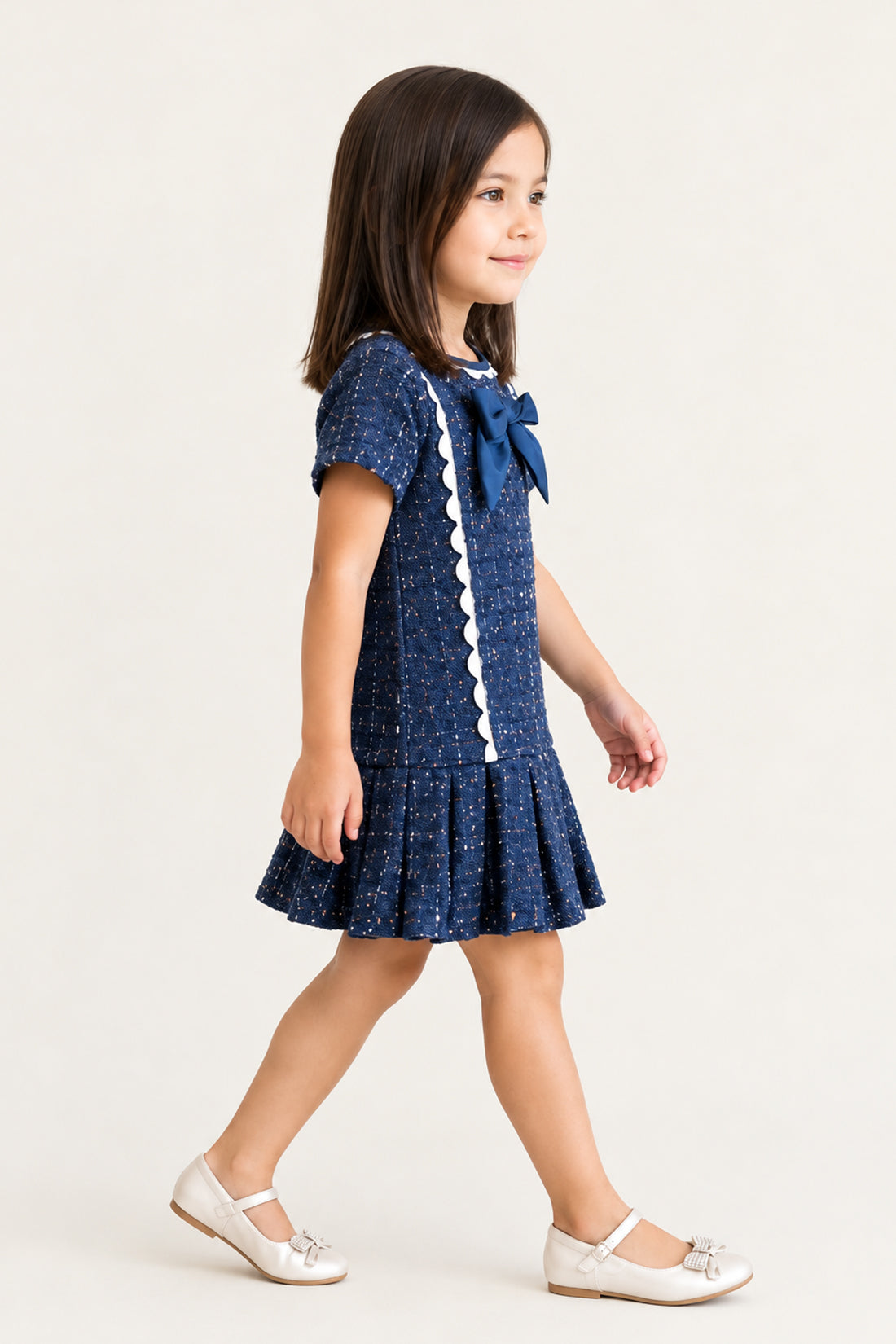 Baby Girls Navy Blue Boucle Half Sleeve Dress