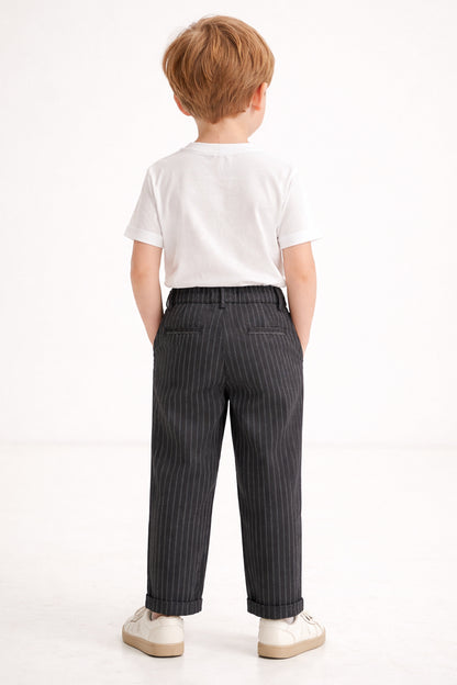Boys Black Striped Polyester Trousers