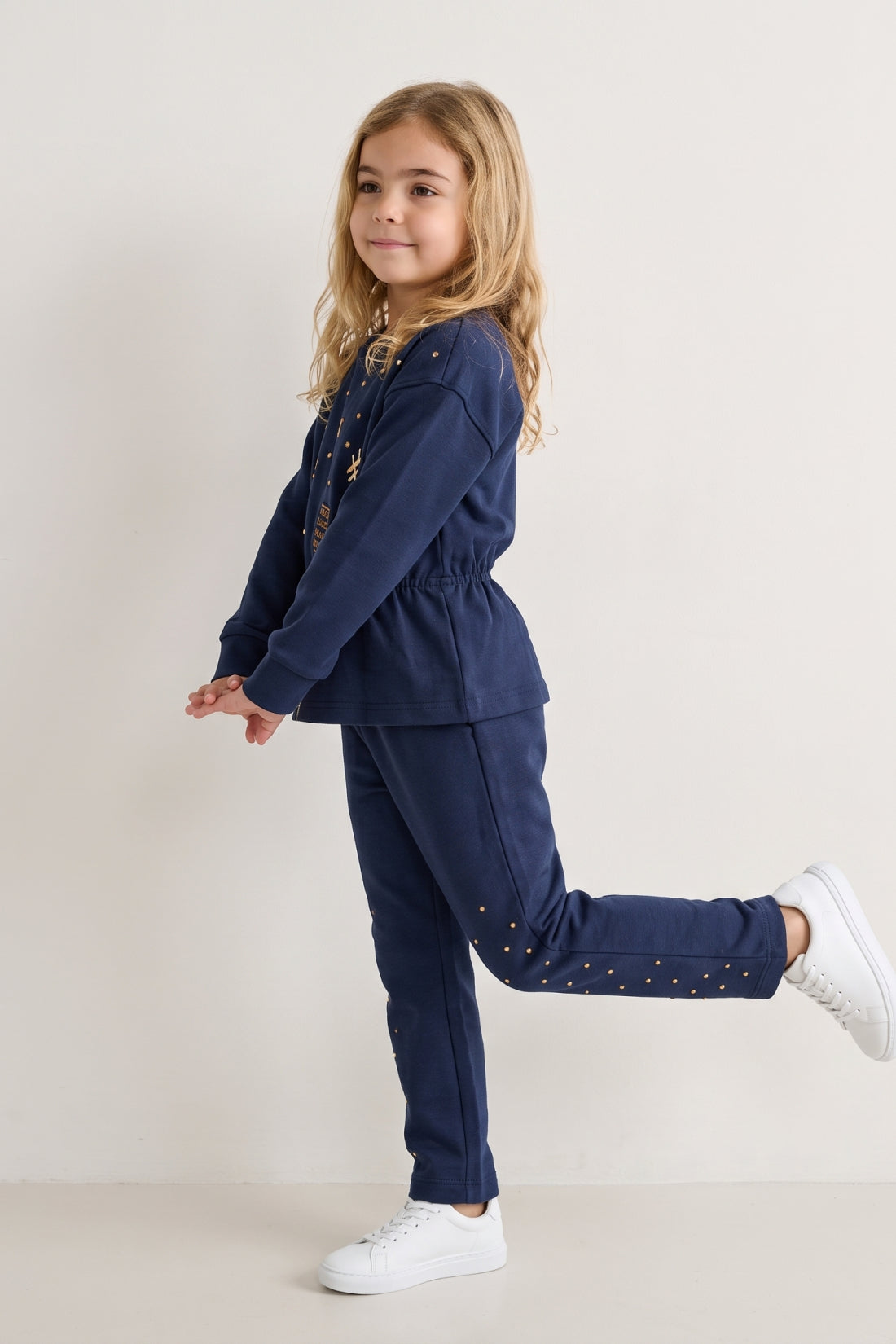 Girls Navy Blue Embellished Interlock Track Pants