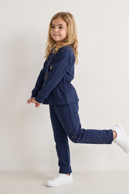 Girls Navy Blue Embellished Interlock Track Pants