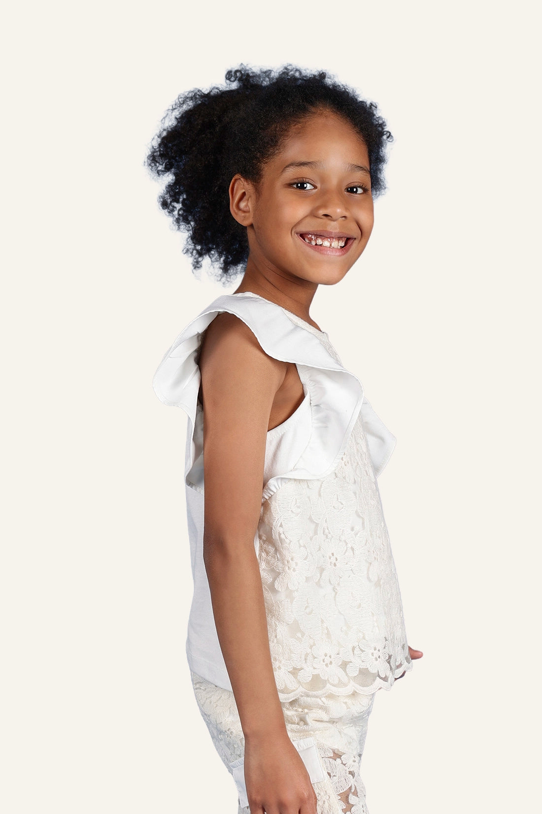 Girls Off White Round Neck Cotton Top