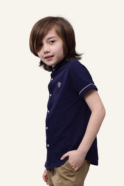 Boys Navy Blue Mandarin Collar Casual Shirt