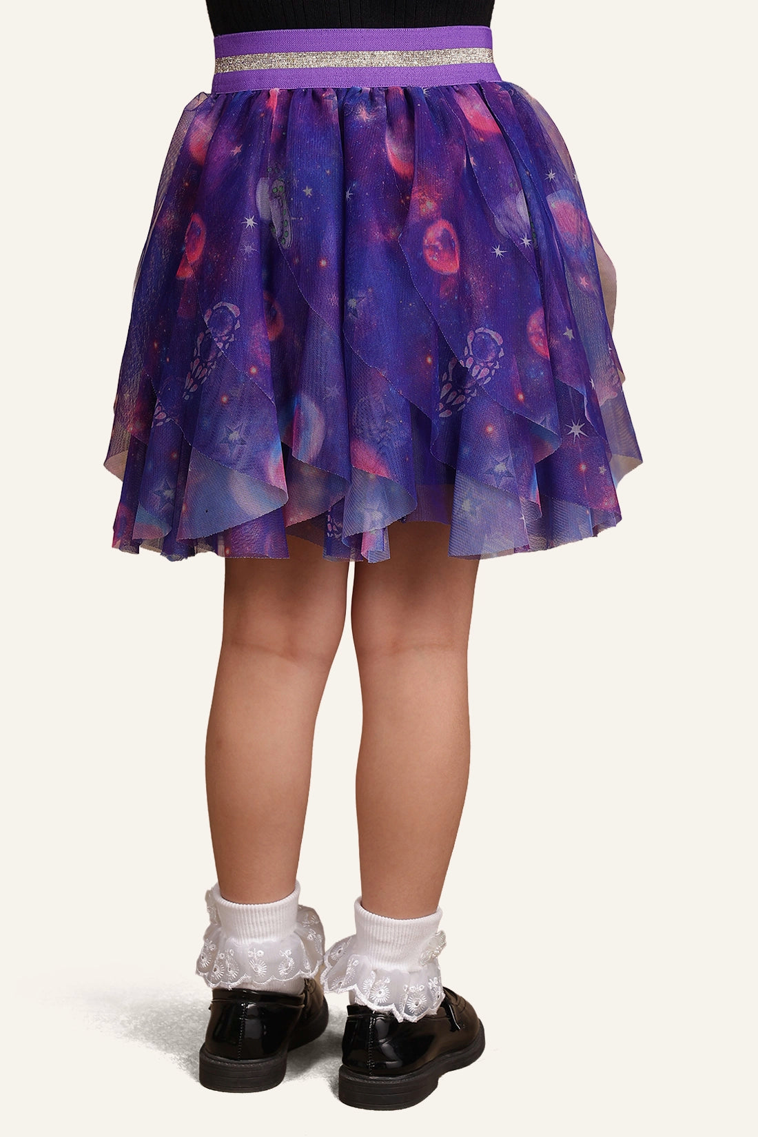 Girls Purple Cosmic Print Multilayered Skirt