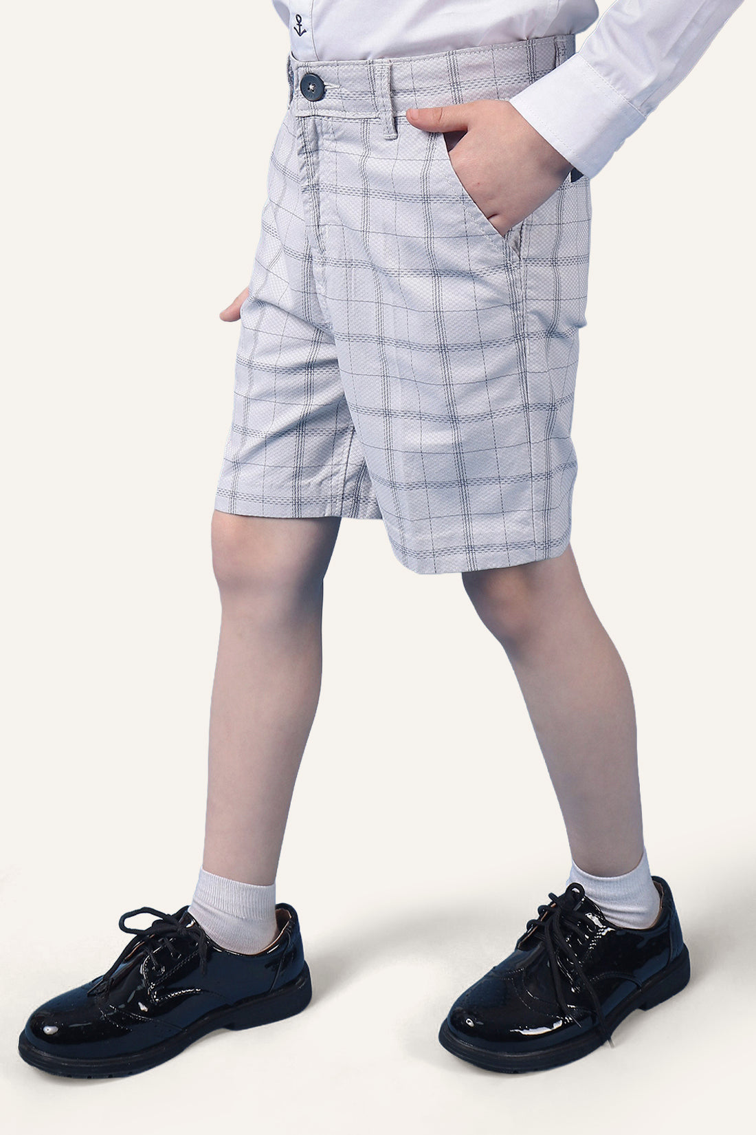 Boys 100% Cotton Grey Check Shorts With Side Pockets