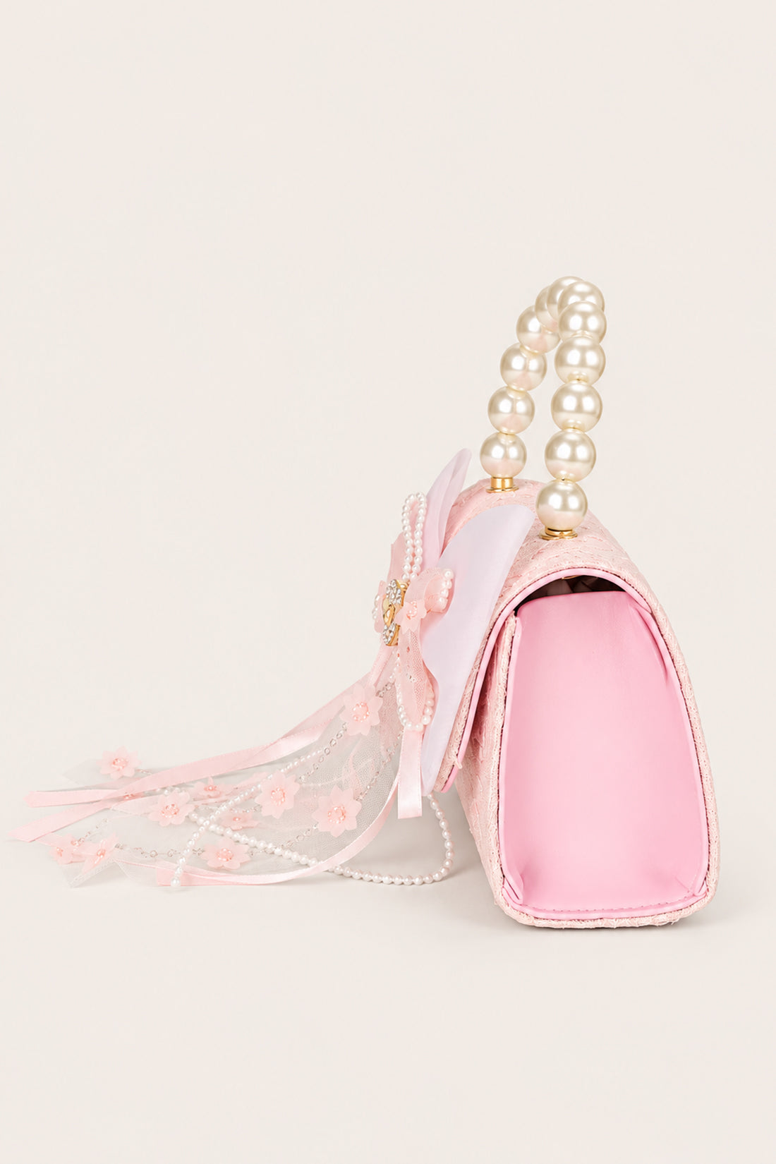 Girls Pink Pearl Mesh Embellished Hand Bag
