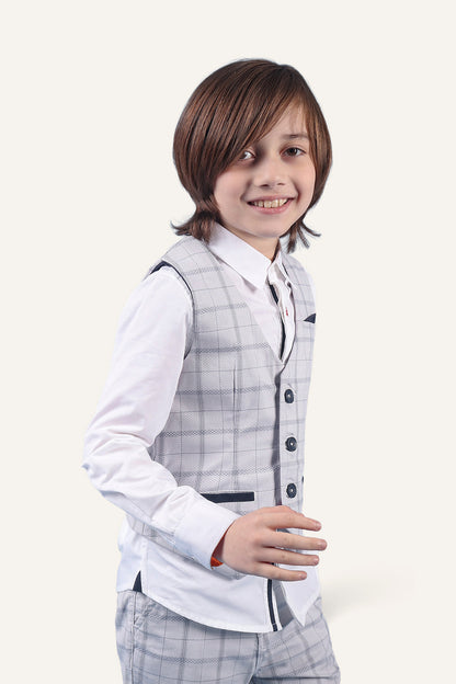 Boys 100% Cotton Grey Check Waistcoat With Front Pockets