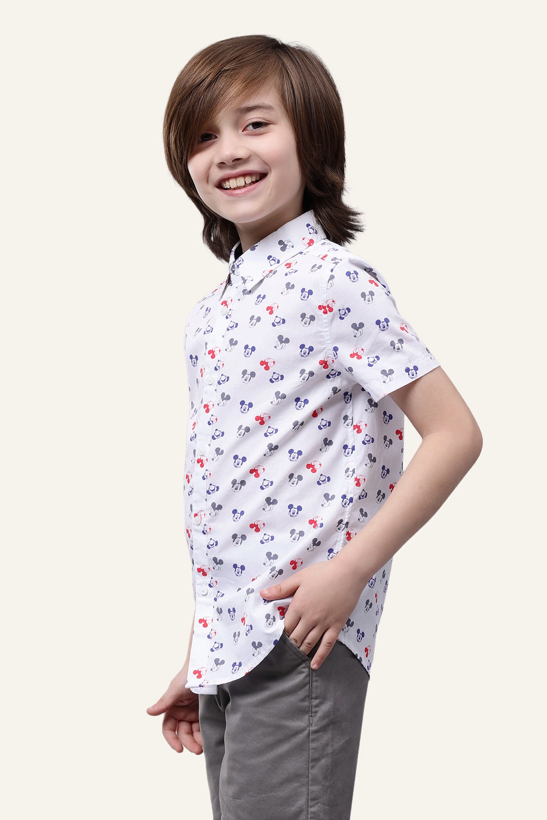 Boys White Mickey Printed Shirt