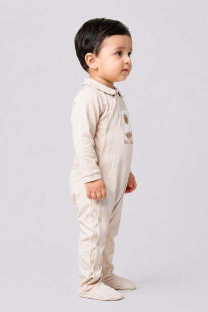 Unisex Beige Cotton Full Sleeve Romper