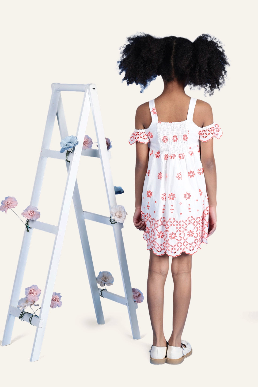 Girls White Cutwork Cold-shoulder Dress