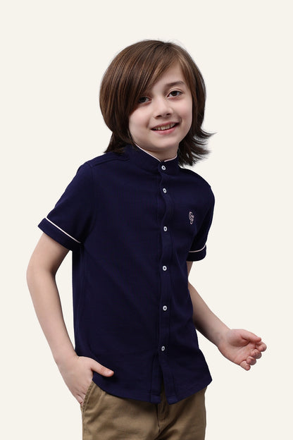 Boys Navy Blue Mandarin Collar Casual Shirt