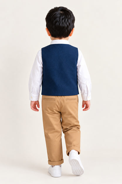 Baby Boys Navy Blue Multicolour Cotton Dobby Set