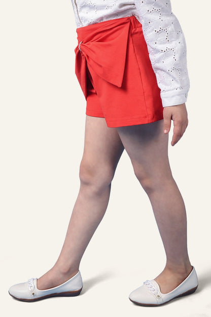 Girls Red Cotton Blend Shorts With Bow Pattern