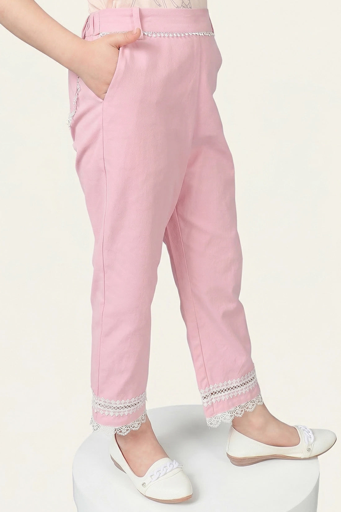 Girls Pink Cotton Laced Trouser