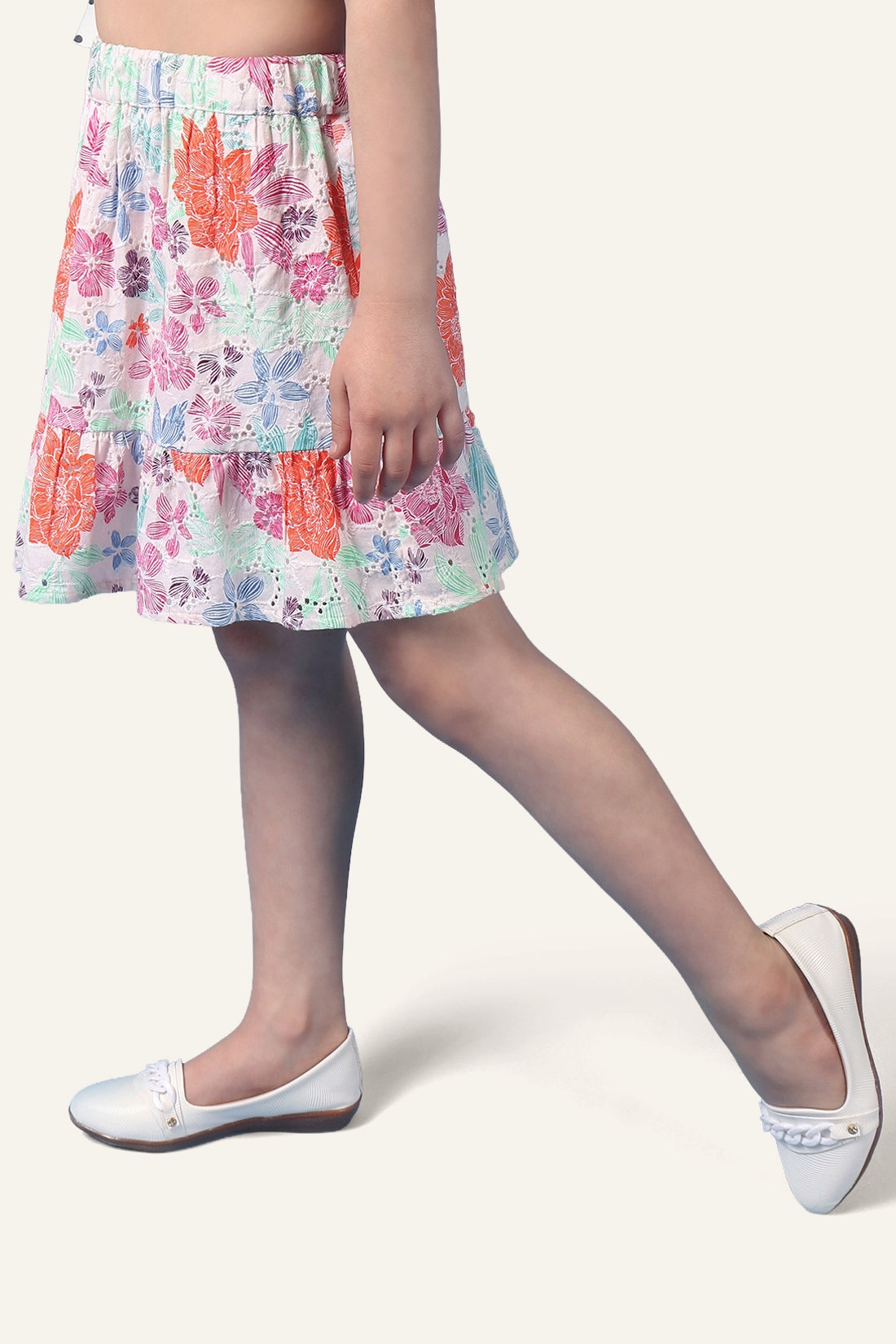 Girls Beige Printed Tiered Skirt With Elasticated Waistband