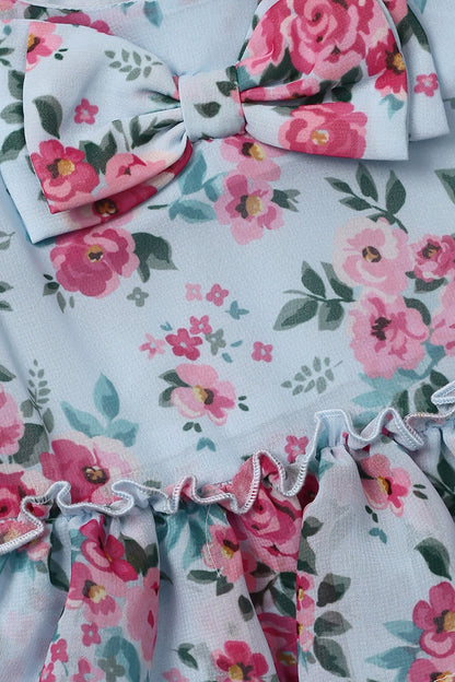 Girls Pink Rose Printed Blue Dress