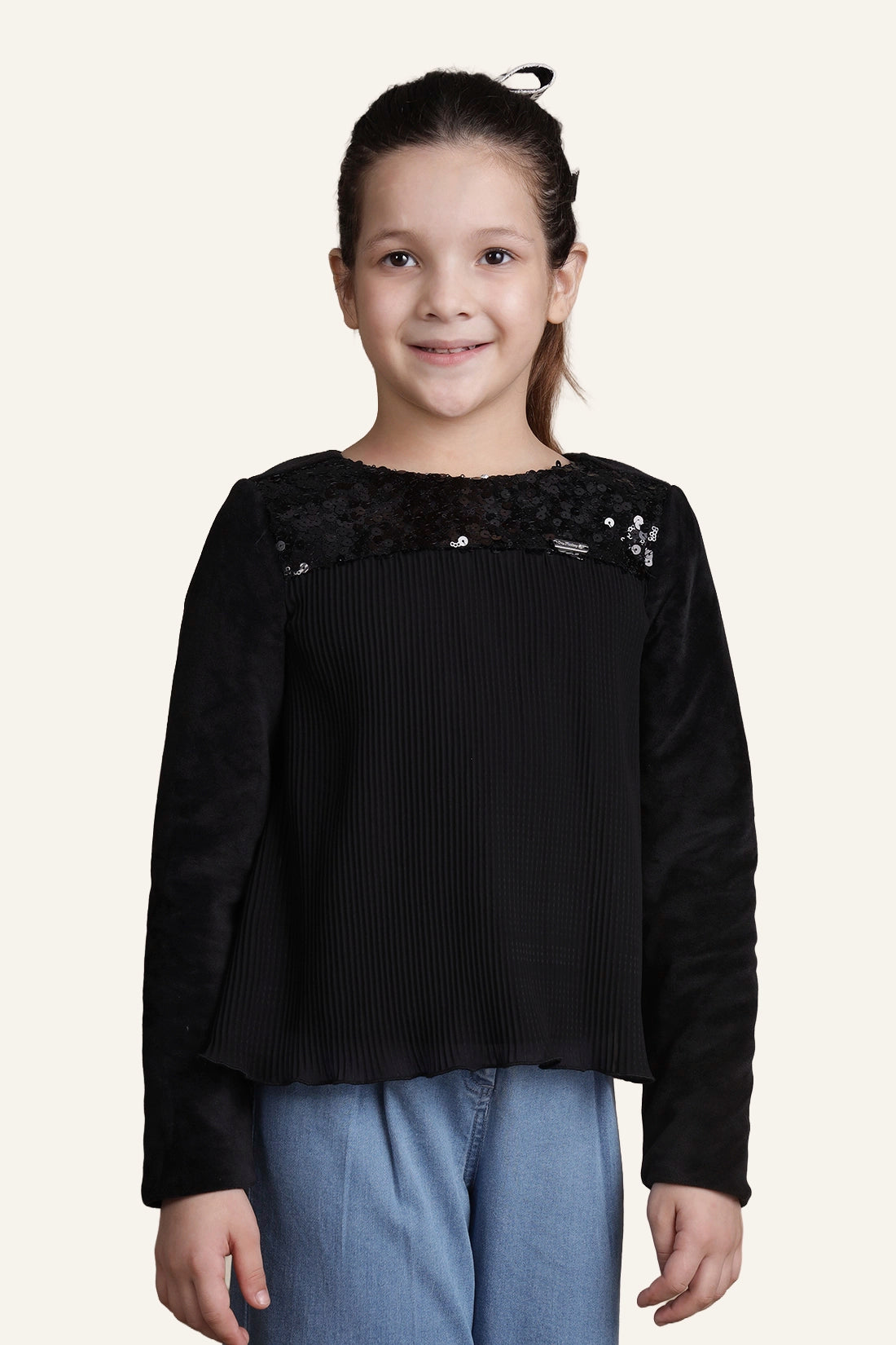 Girls Jet Black Pleated Top