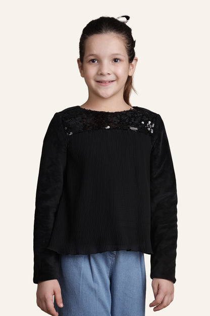 Girls Jet Black Pleated Top
