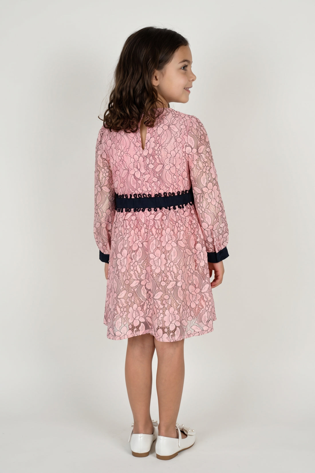 Girls Peach Lace Mesh Full Sleeve Dress