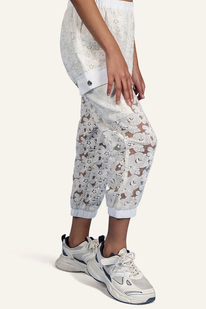 Girls Off White Cotton Laced Jogger