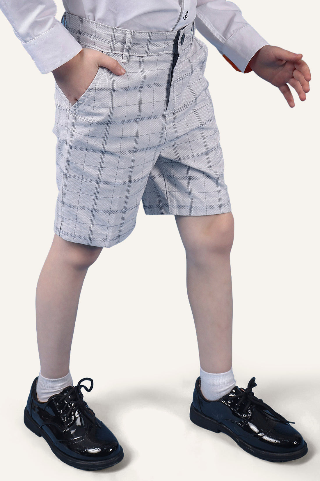 Boys 100% Cotton Grey Check Shorts With Side Pockets