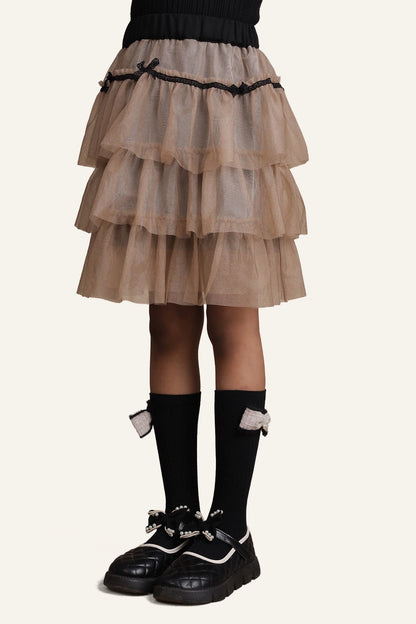 Girls Beige Layered Skirt – Flared Fit