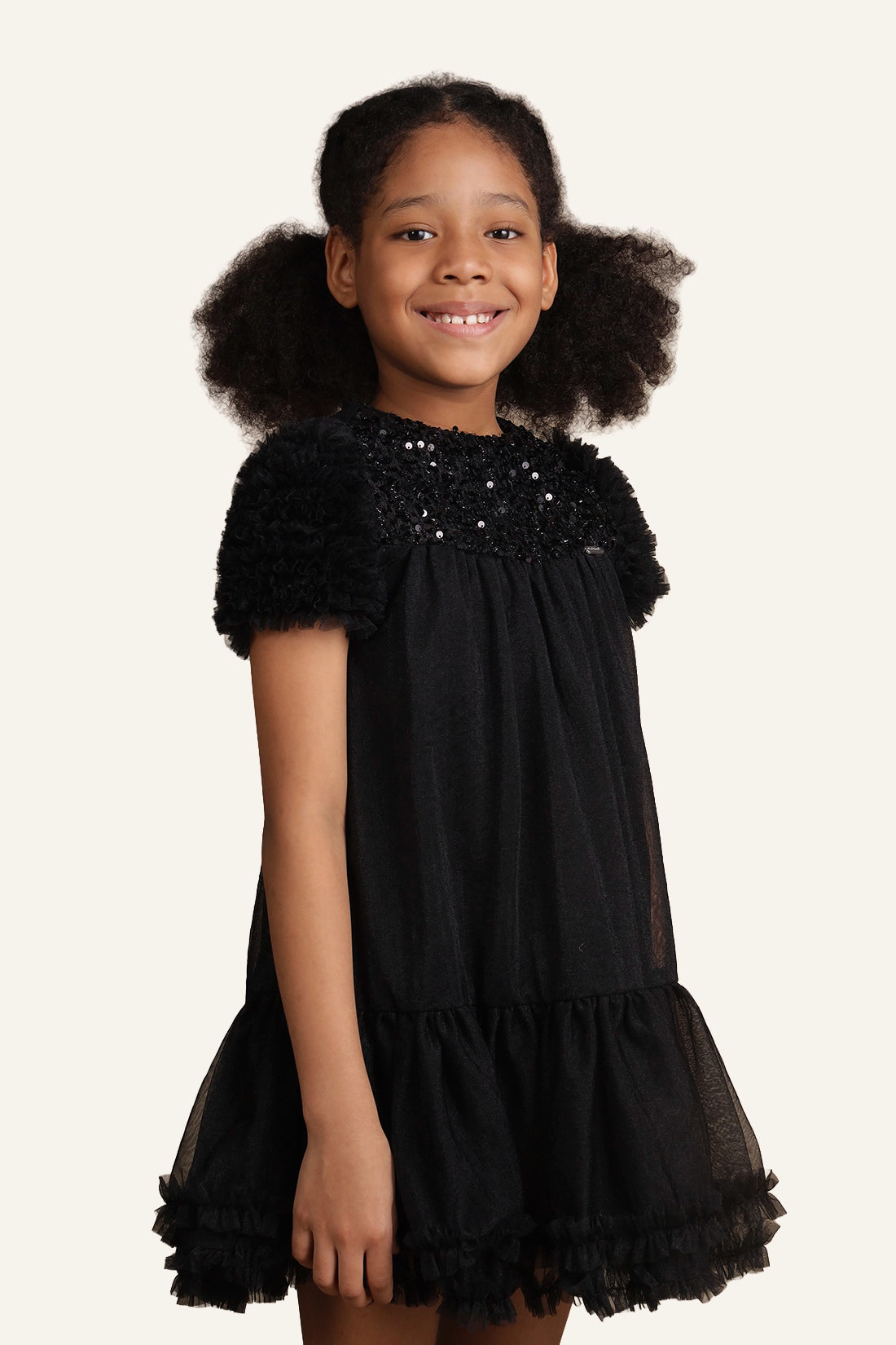 Girls Black Sequinned Embroidered Dress