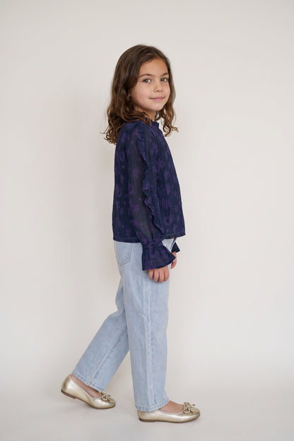 Girls Navy Blue Printed Chiffon Button-Front Top