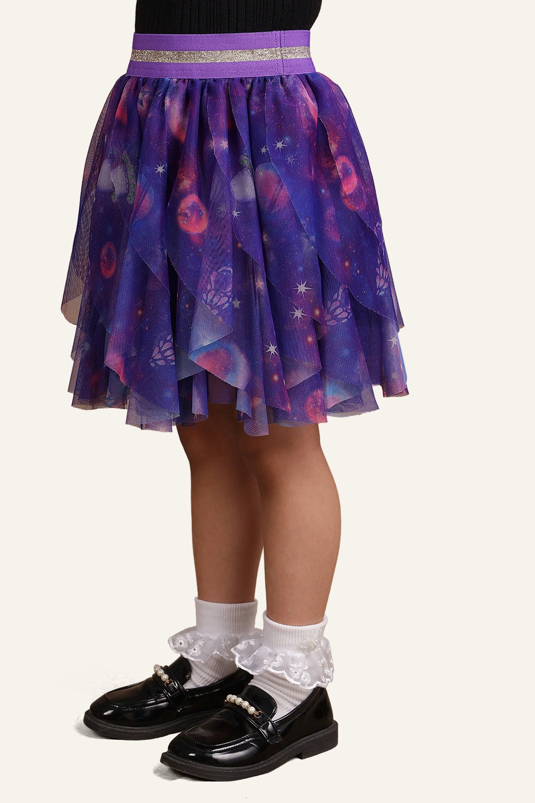 Girls Purple Cosmic Print Multilayered Skirt