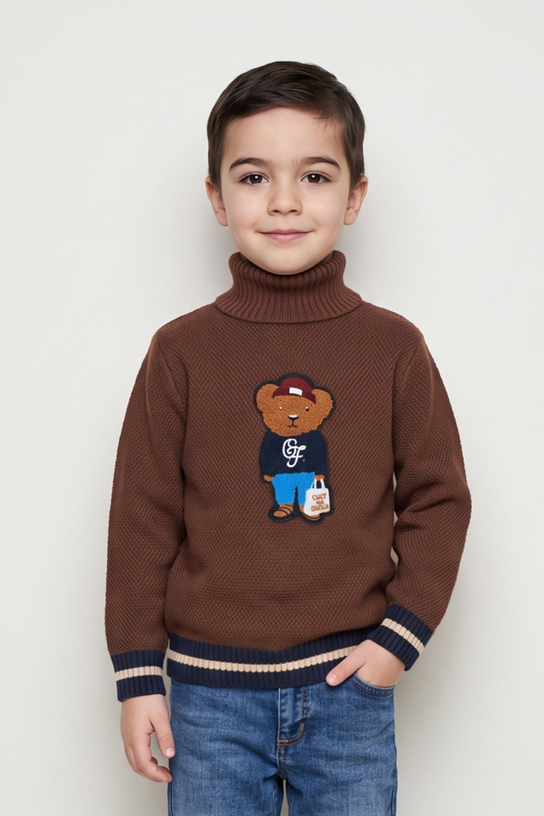 Boys Brown Embellished High Neck Sweater